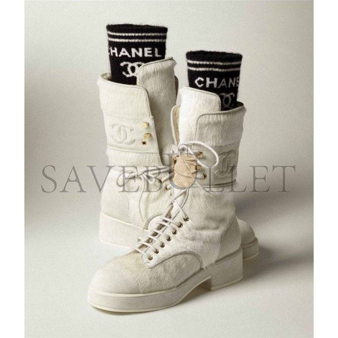 CHANEL LACE-UPS 		CALFSKIN, KNIT & SUEDE CALFSKIN			WHITE & BLACK G39506 Y56127 K4955