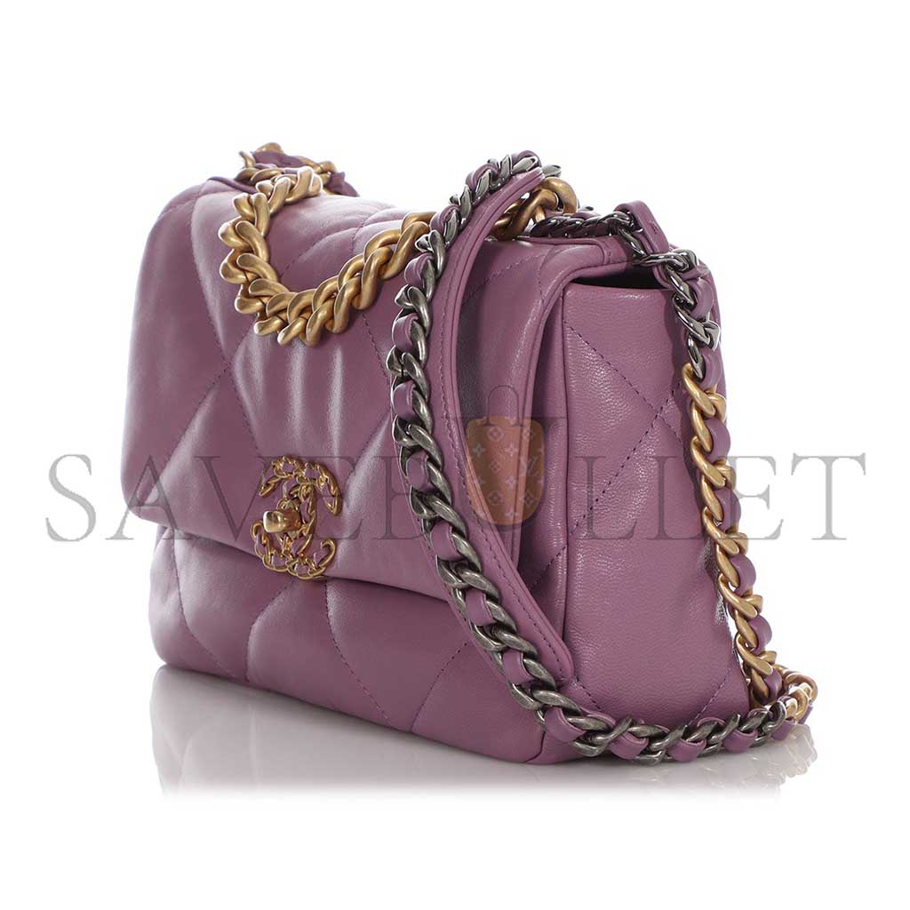 CHANEL PURPLE QUILTED CHÈVRE MEDIUM 19 BAG GOLD, RUTHENIUM, AND SILVER HARDWARE AS1160 (26*16*9cm)