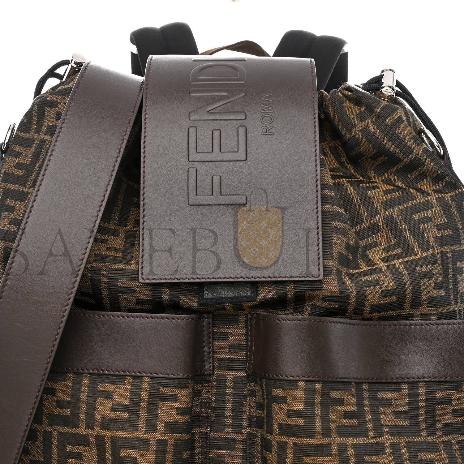 FENDI RECYCLED FABRIC JACQUARD VITELLO ASTRO FF 1974 LARGE FENDI STRIKE BACKPACK TOBACCO MORO EBANO (46*34*15cm)