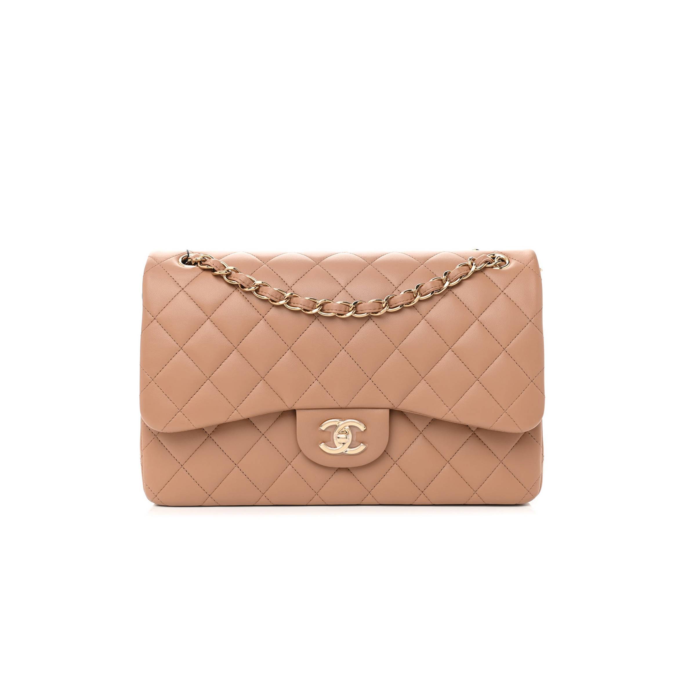 CHANEL LAMBSKIN QUILTED JUMBO DOUBLE FLAP DARK BEIGE ROSE GOLD HARDWARE (31*19*9cm)