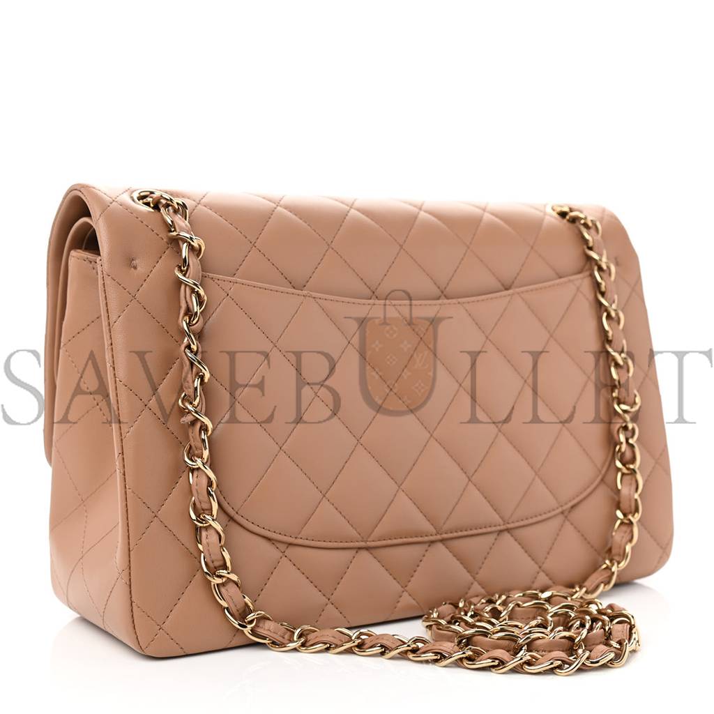 CHANEL LAMBSKIN QUILTED JUMBO DOUBLE FLAP DARK BEIGE ROSE GOLD HARDWARE (31*19*9cm)