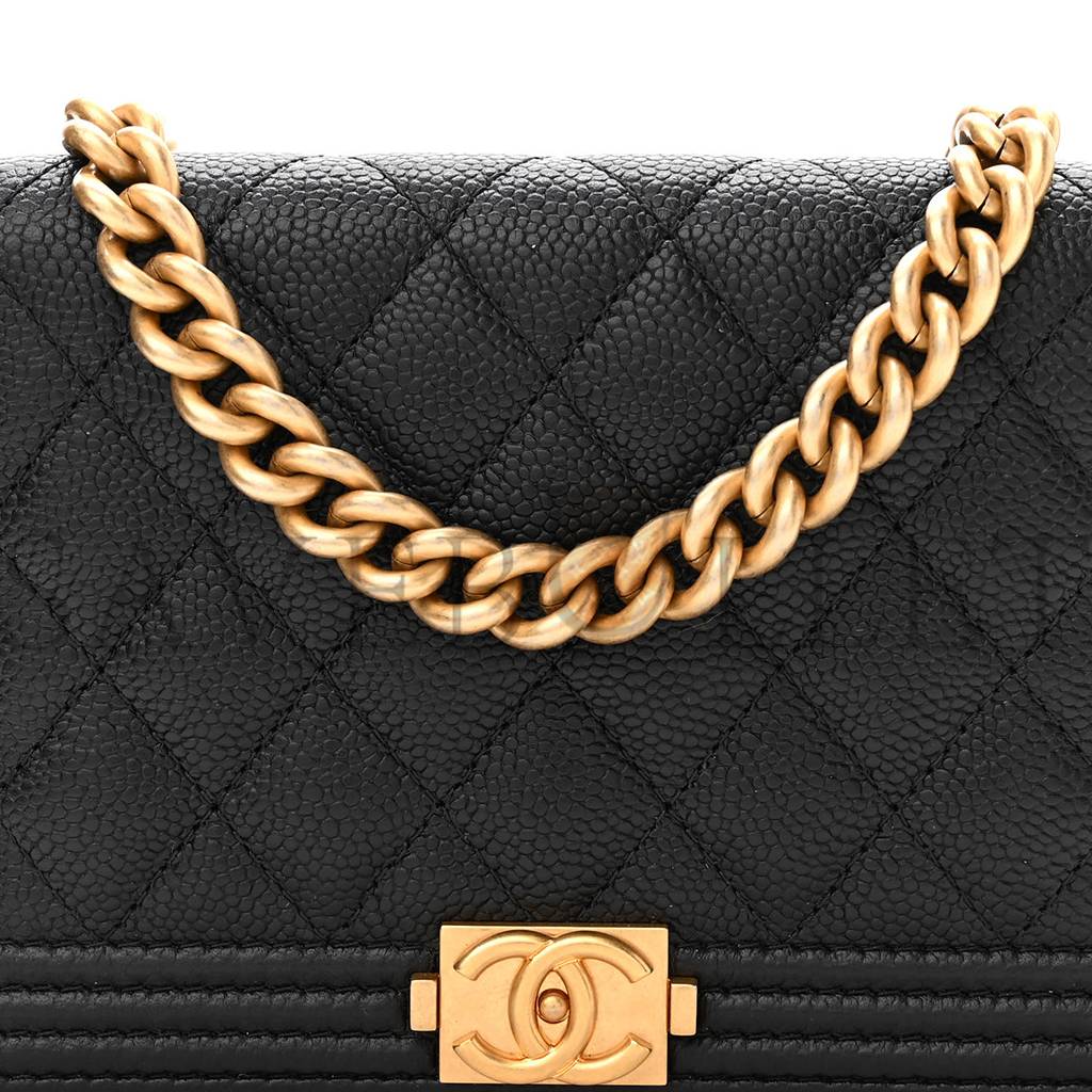 CHANEL CAVIAR QUILTED BOY WALLET ON CHAIN WOC BLACK GOLD HARDWARE (19*13*5cm)