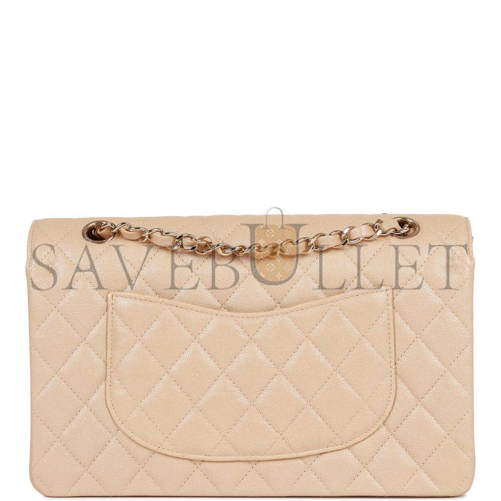 CHANEL MEDIUM CLASSIC DOUBLE FLAP BAG BEIGE IRIDESCENT CAVIAR LIGHT GOLD HARDWARE (25*15*7cm)