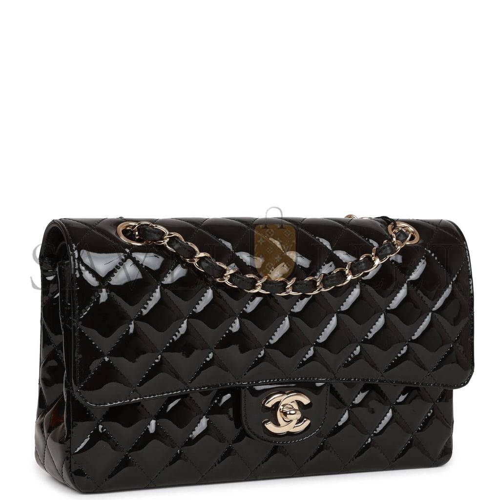 CHANEL MEDIUM CLASSIC DOUBLE FLAP BAG BLACK PATENT LIGHT GOLD HARDWARE (25*15*7cm)