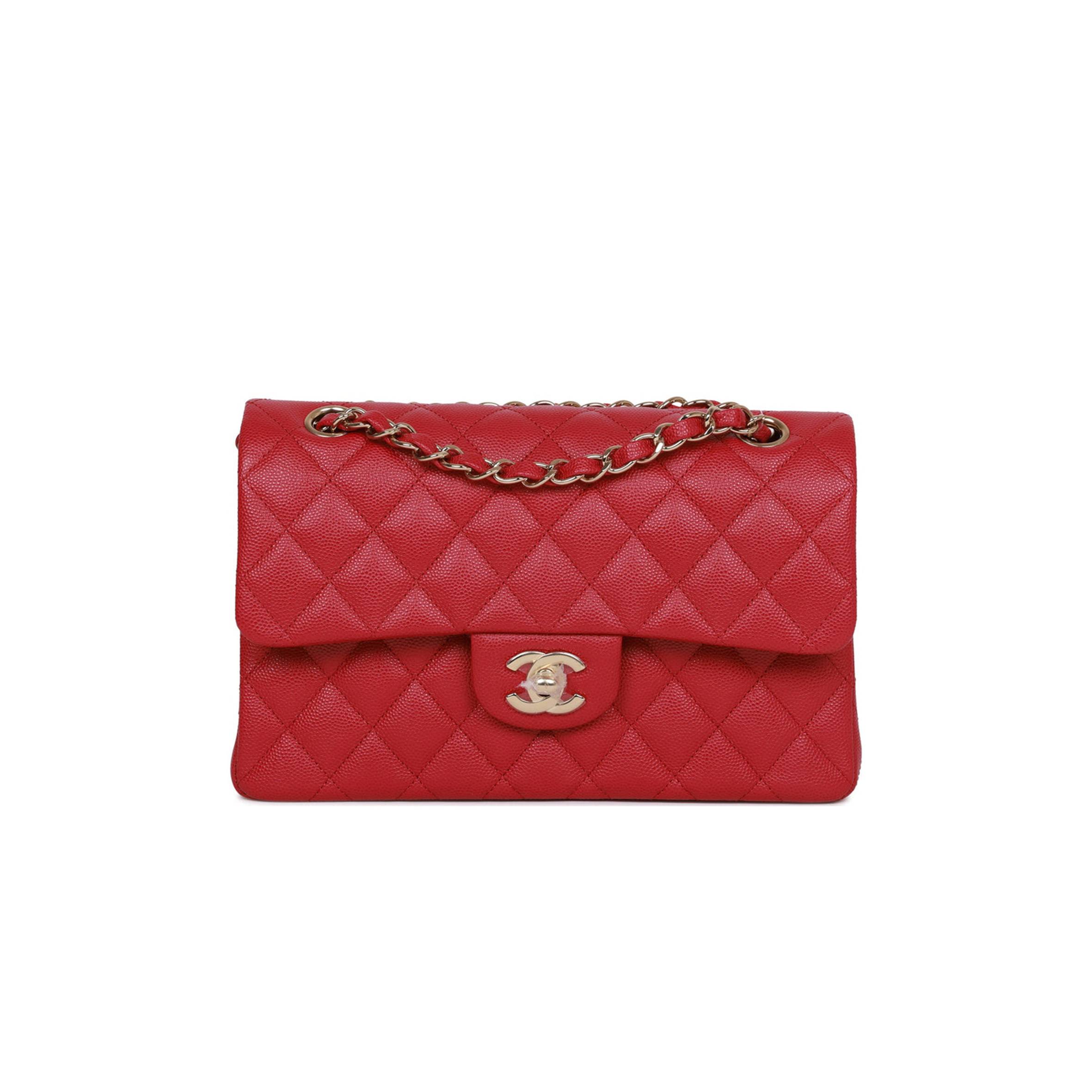 CHANEL SMALL CLASSIC DOUBLE FLAP DARK PINK CAVIAR LIGHT GOLD HARDWARE (23*13*6cm)