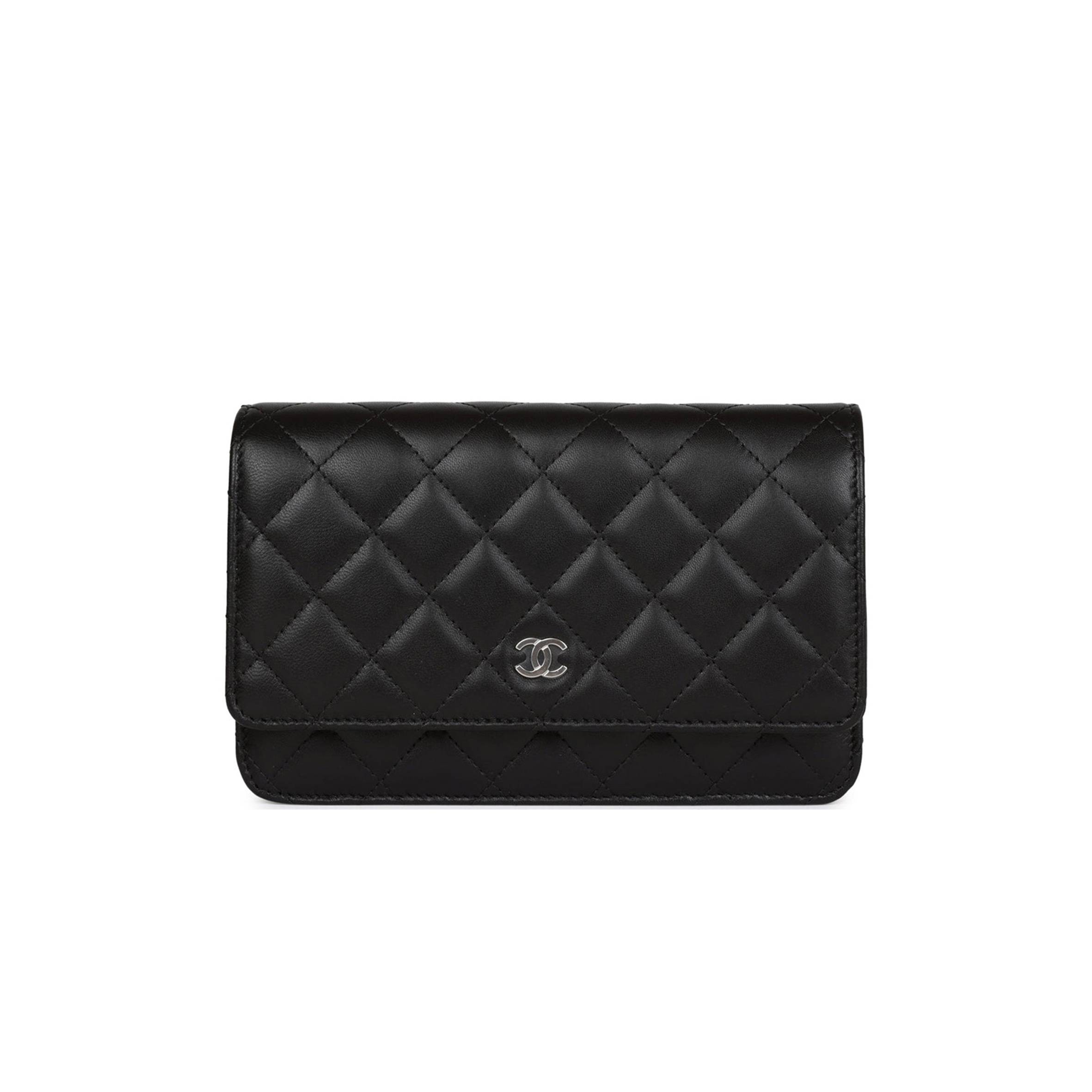 CHANEL WALLET ON CHAIN WOC BLACK LAMBSKIN SILVER HARDWARE (19*12*4cm)