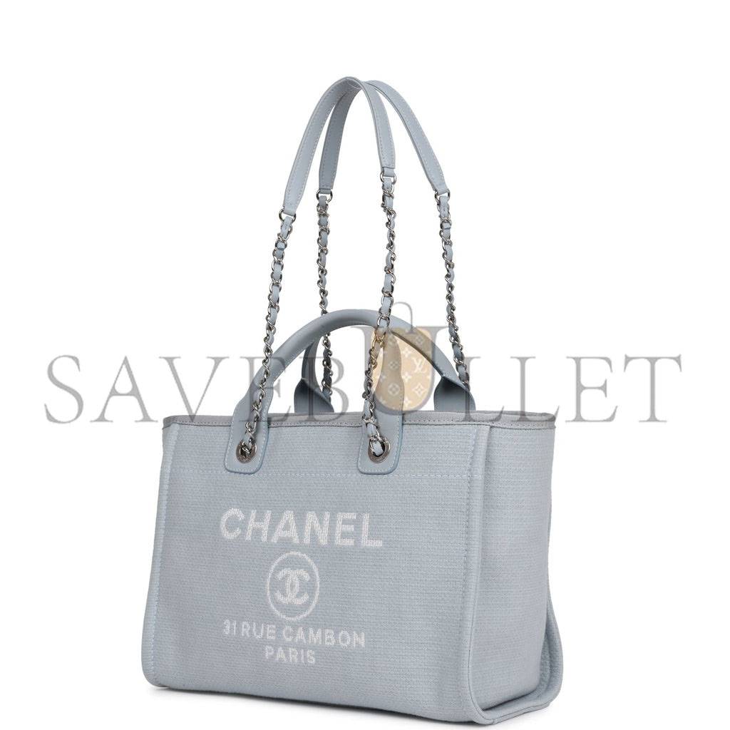 CHANEL SMALL DEAUVILLE SHOPPING BAG BLUE BOUCLE SILVER HARDWARE (34*27*15cm)