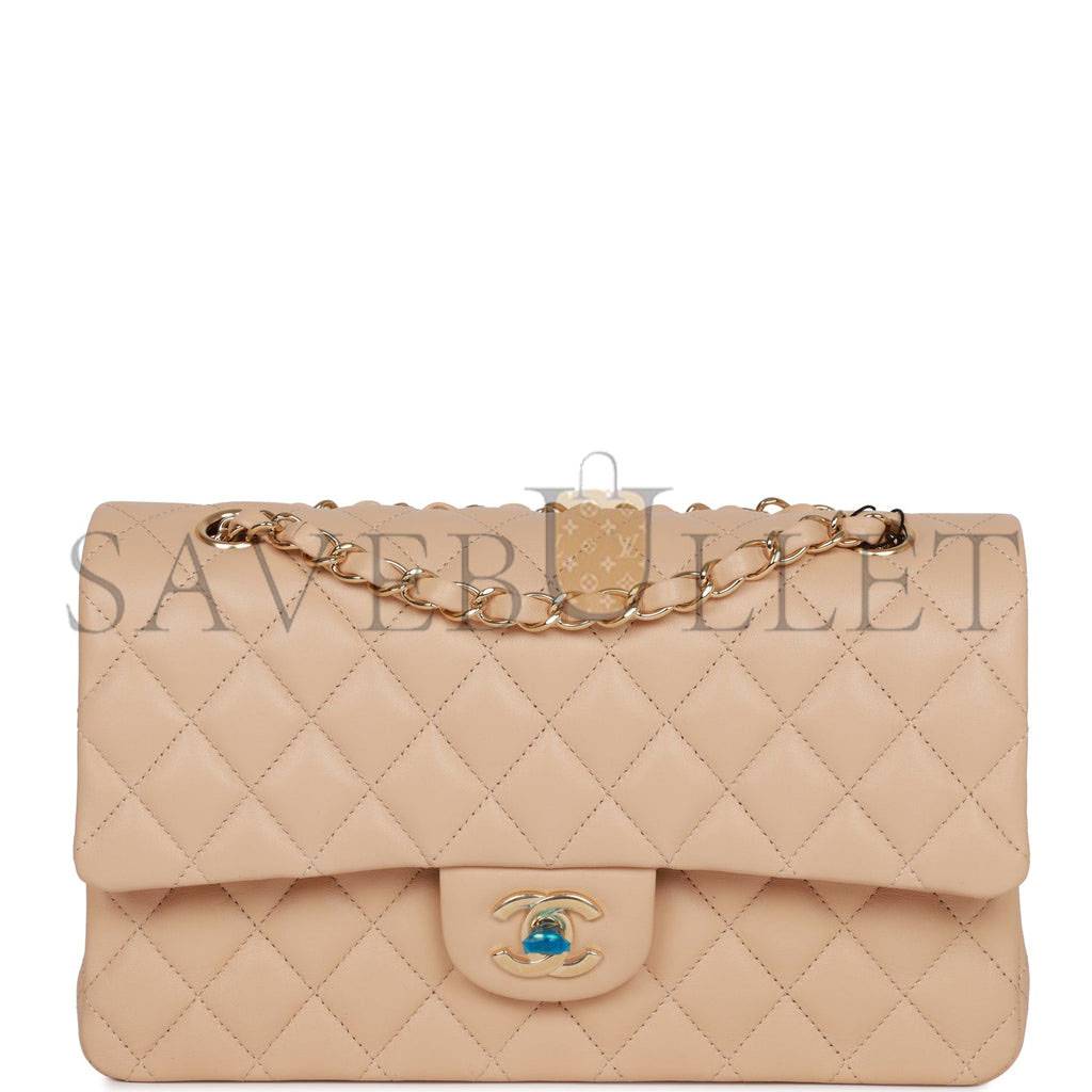 CHANEL MEDIUM CLASSIC DOUBLE FLAP BAG BEIGE LAMBSKIN LIGHT GOLD HARDWARE (25*15*7cm)