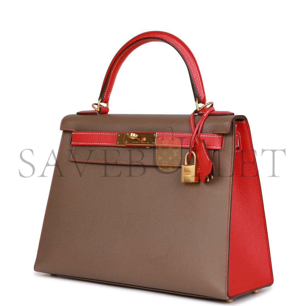 HERMES SPECIAL ORDER (HSS) KELLY SELLIER 28 ETOUPE AND ROUGE TOMATE EPSOM BRUSHED GOLD HARDWARE (28*22*10cm)