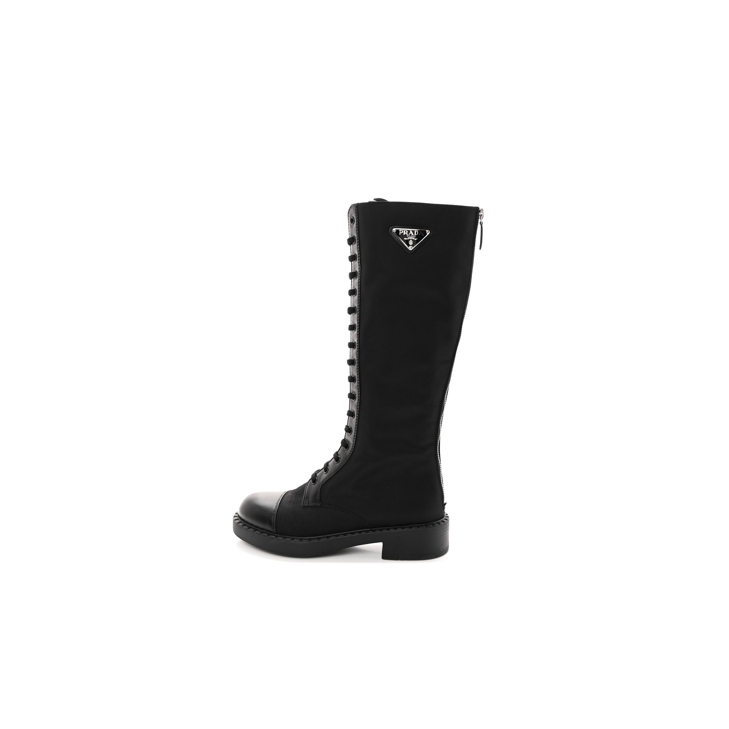 PRADA RE-NYLON SPAZZOLATO ROIS METAL TRIANGLE LOGO TALL 50MM COMBAT BOOTS 38.5 BLACK