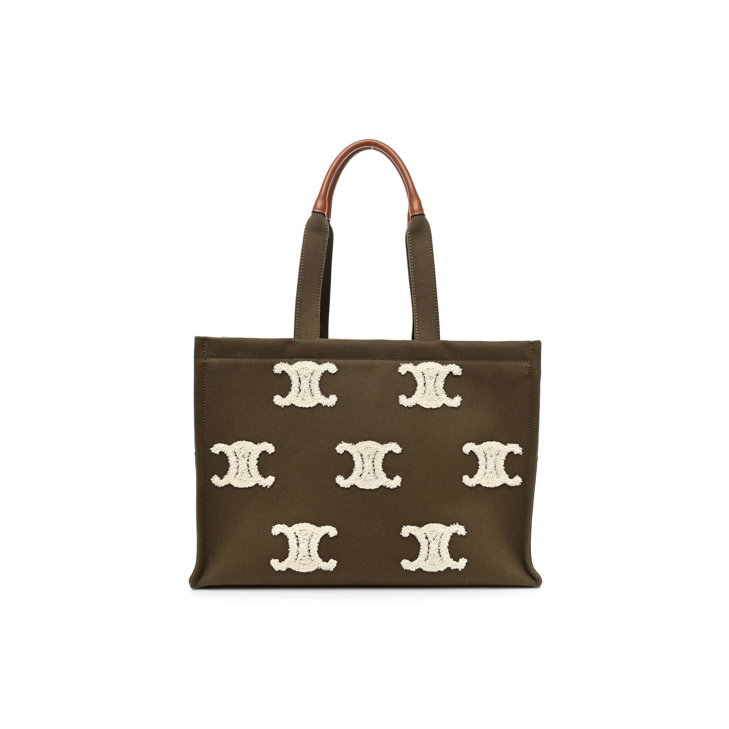 CELINE CANVAS CALFSKIN EMBROIDERED TRIOMPHE LARGE CABAS THAIS KHAKI TAN (41*29*17cm)